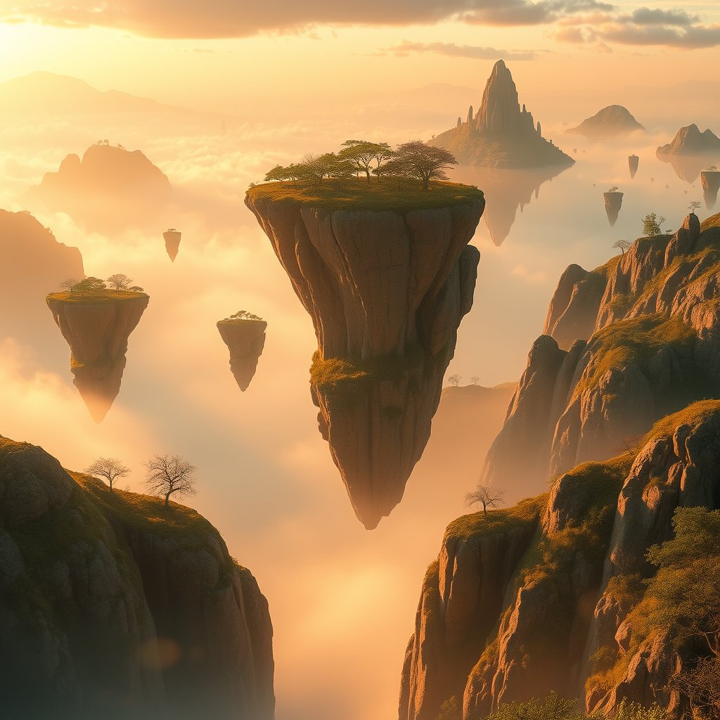 a surreal dreamlike landscape with floating islands, golden hour lighting, warm tones, atmospheric
