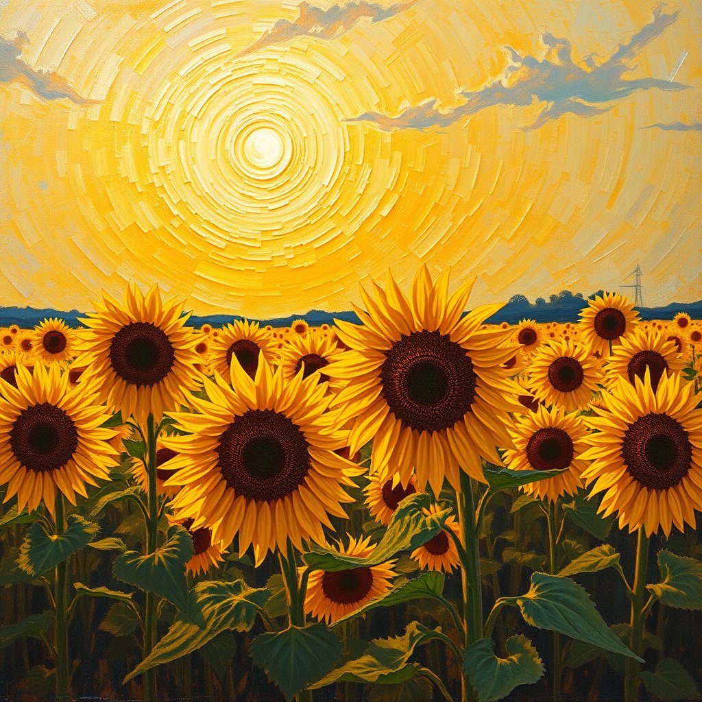 an oil painting of a sunflower field in van gogh style, golden hour lighting, warm tones, atmospheric