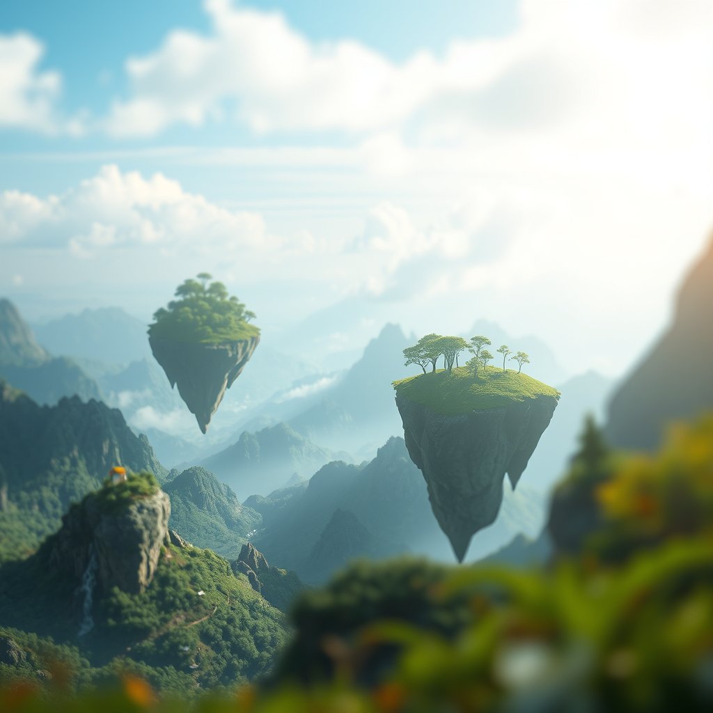 a surreal dreamlike landscape with floating islands, soft natural light, shallow depth of field, bokeh