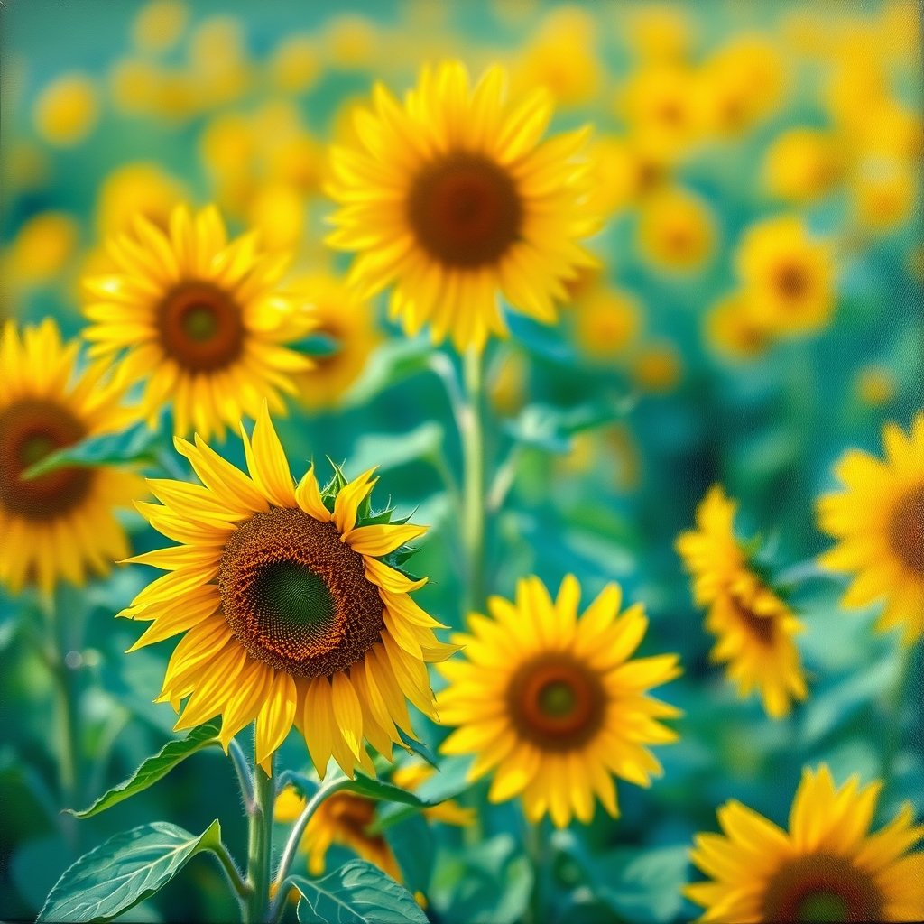 an oil painting of a sunflower field in van gogh style, soft natural light, shallow depth of field, bokeh