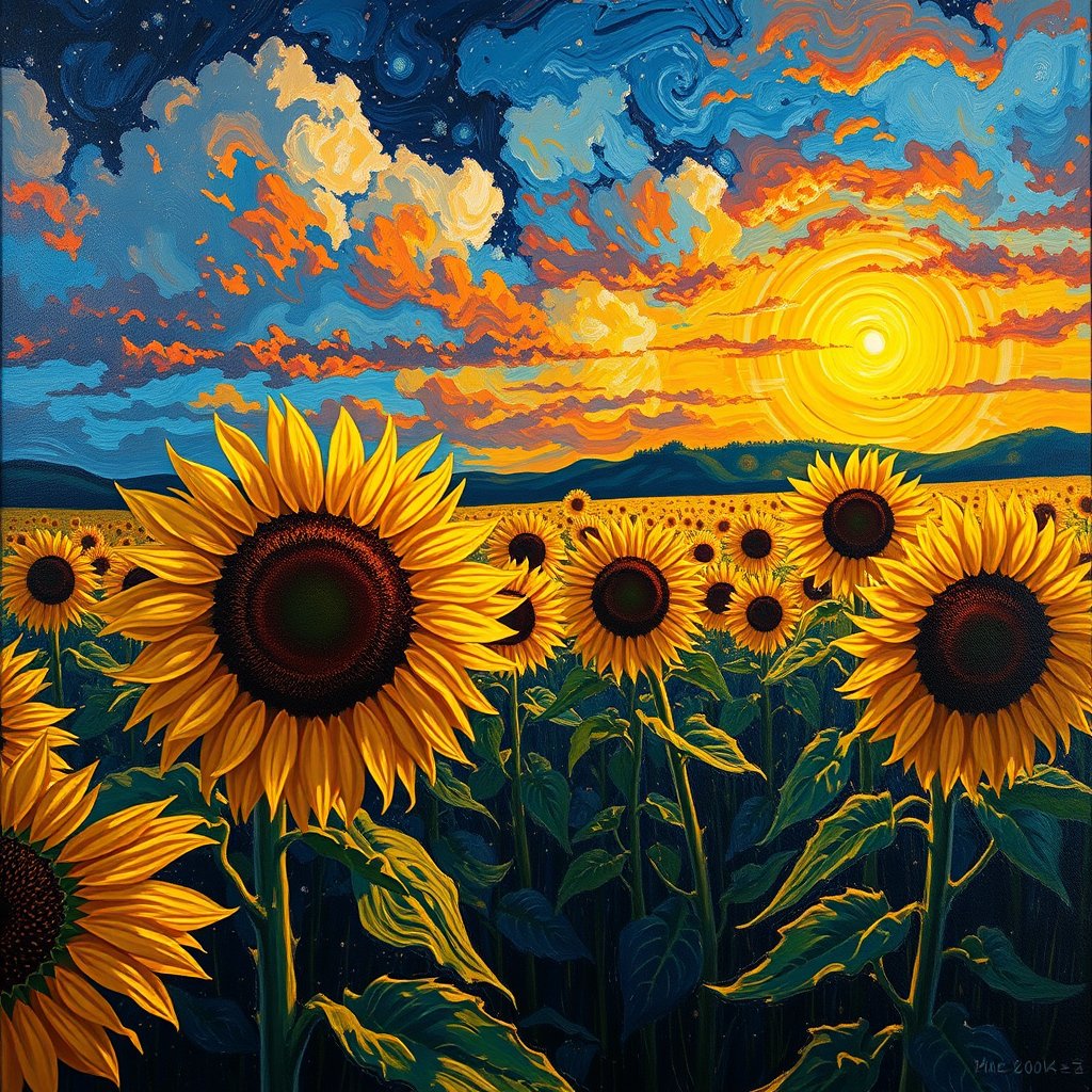an oil painting of a sunflower field in van gogh style, cinematic lighting, vibrant colors, dramatic atmosphere