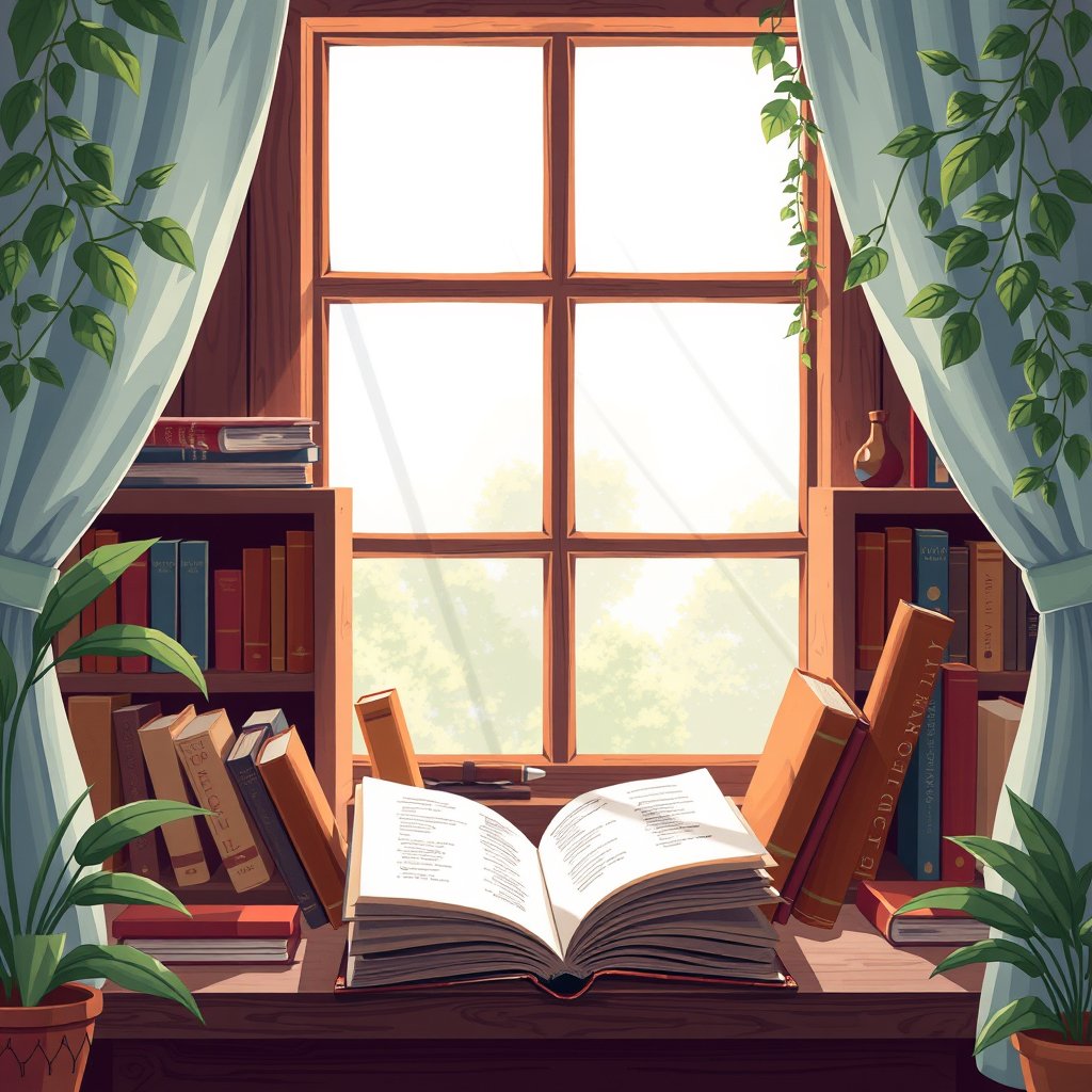 a cozy illustration of a reading nook with books, highly detailed, 8k, professional photography, sharp focus
