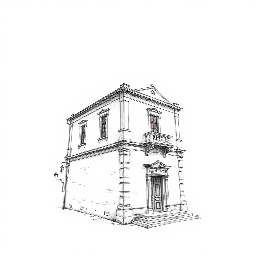a detailed pencil sketch of an old building, minimalist composition, clean background, elegant
