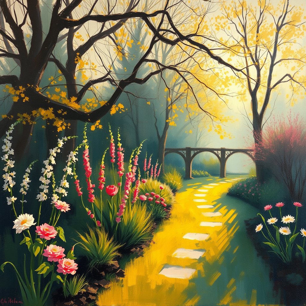 an impressionist painting of a garden in spring, golden hour lighting, warm tones, atmospheric