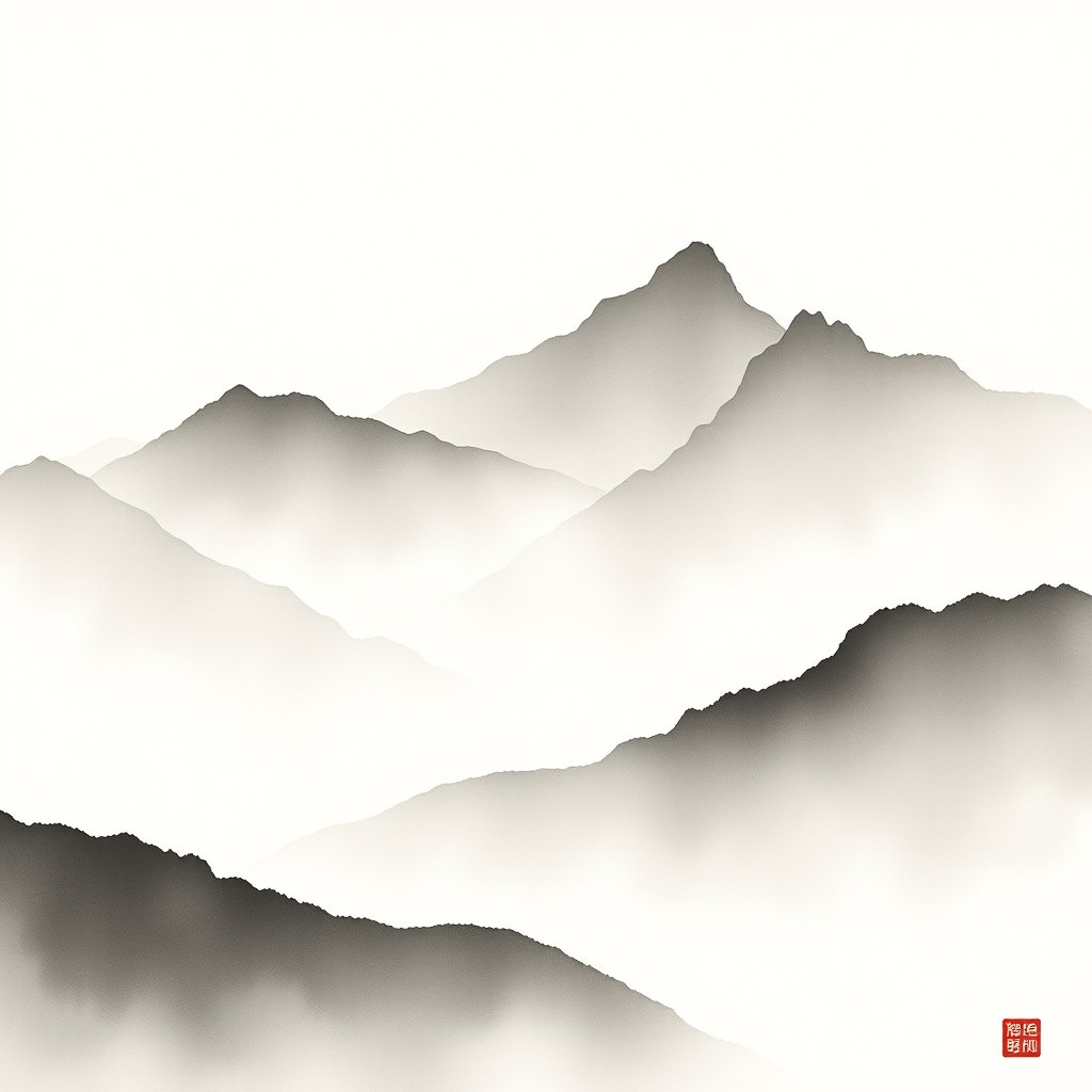 a japanese ink wash painting of mountains and mist, minimalist composition, clean background, elegant