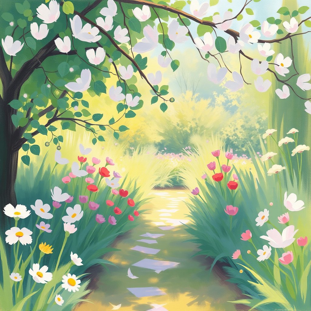 an impressionist painting of a garden in spring, bright and airy, pastel tones, dreamy aesthetic