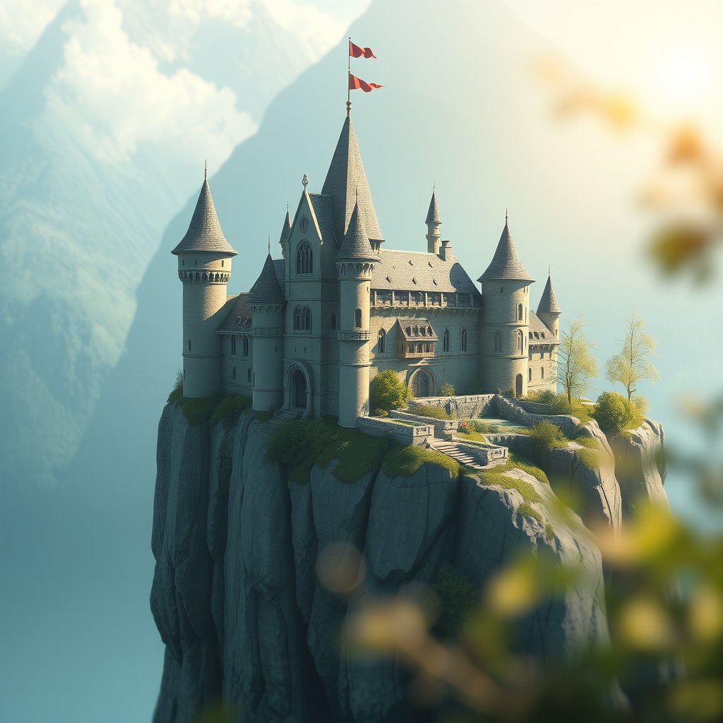 a digital illustration of a fantasy castle on a cliff, soft natural light, shallow depth of field, bokeh