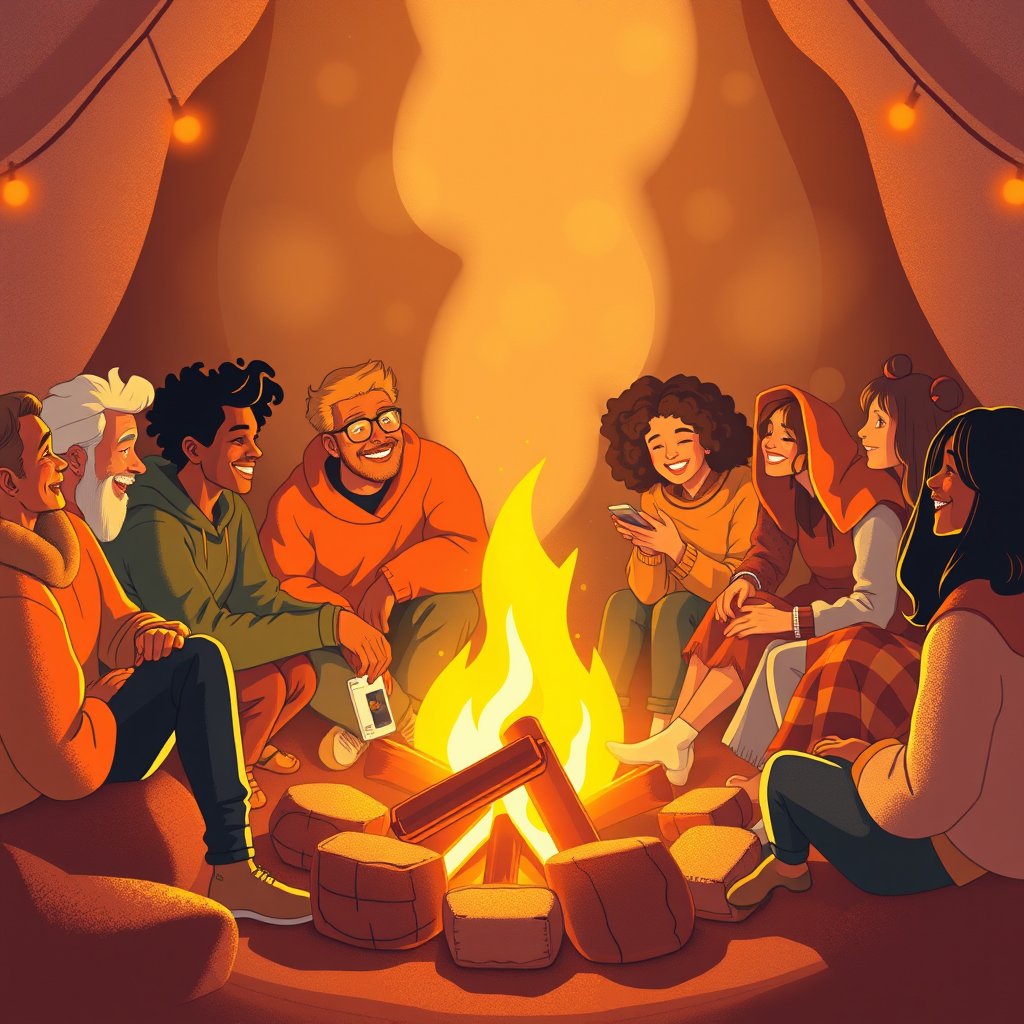A warm, cozy scene of diverse people sitting around a glowing campfire or fireplace, sharing stories and laughing softly. Soft golden light, gentle shadows, inclusive and welcoming atmosphere. No text. Wide horizontal banner format, 1920x384 resolution. Digital illustration style, warm colors (orange, amber, deep brown). Calm, inviting mood., soft natural light, shallow depth of field, bokeh