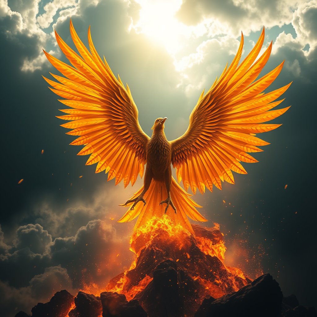 A magnificent golden phoenix rising from glowing flames, enormous wings spread across the sky, sparks and feathers flying around, dark clouds opening to brilliant sunlight, symbolic of strength, rebirth and hope, epic fantasy digital art, dramatic cinematic lighting, ultra detailed, 4K., moody lighting, high contrast, fine art photography