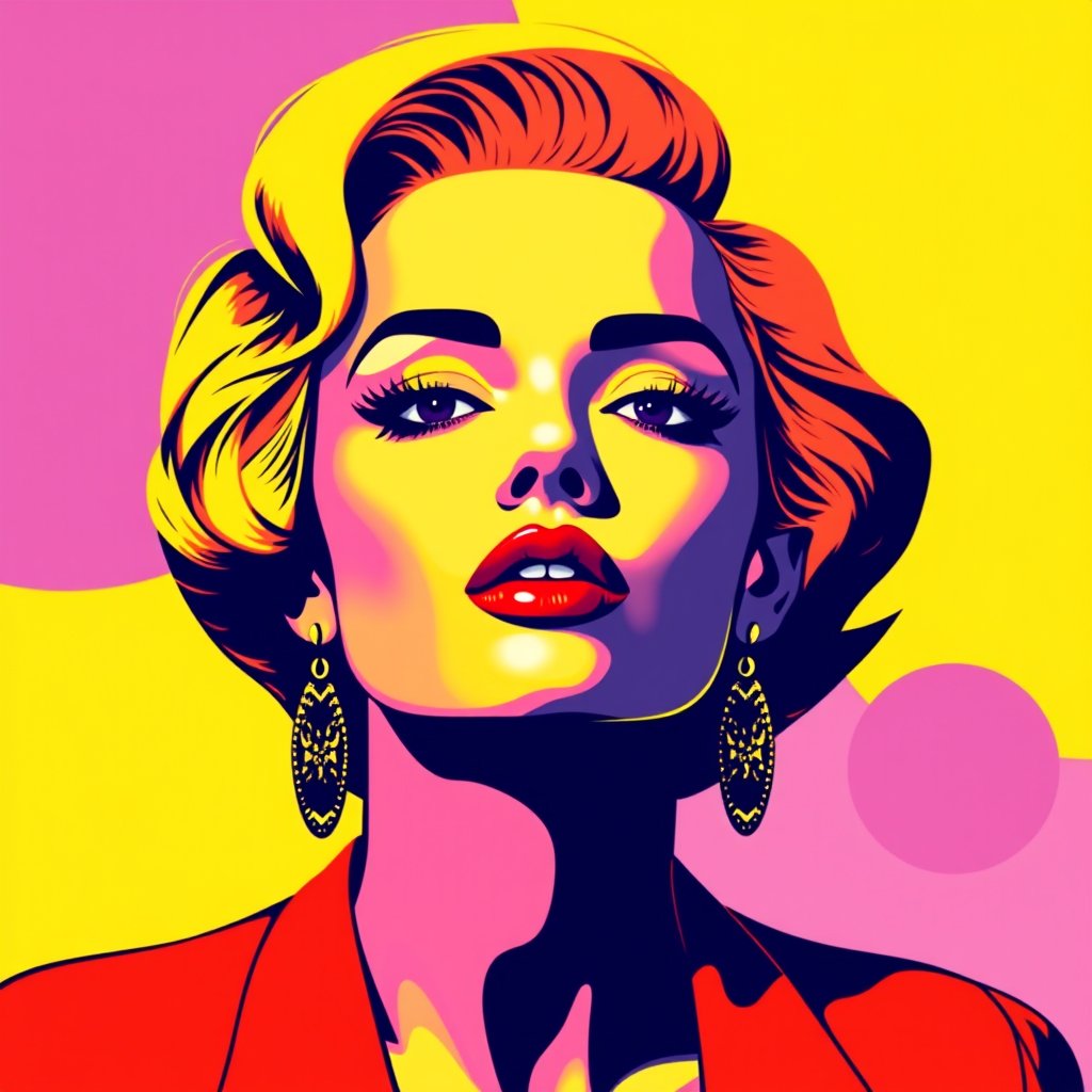 a vibrant pop art portrait with bold colors, minimalist composition, clean background, elegant