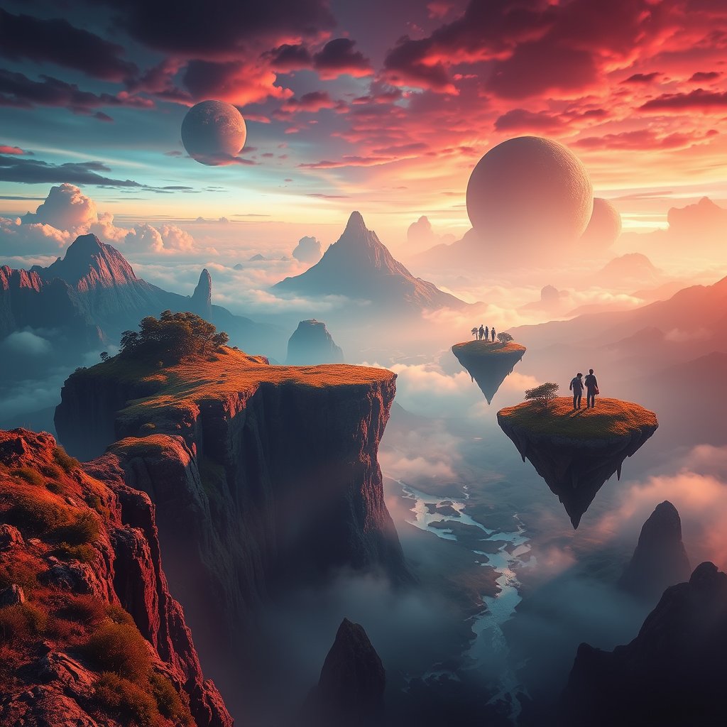a surreal dreamlike landscape with floating islands, cinematic lighting, vibrant colors, dramatic atmosphere
