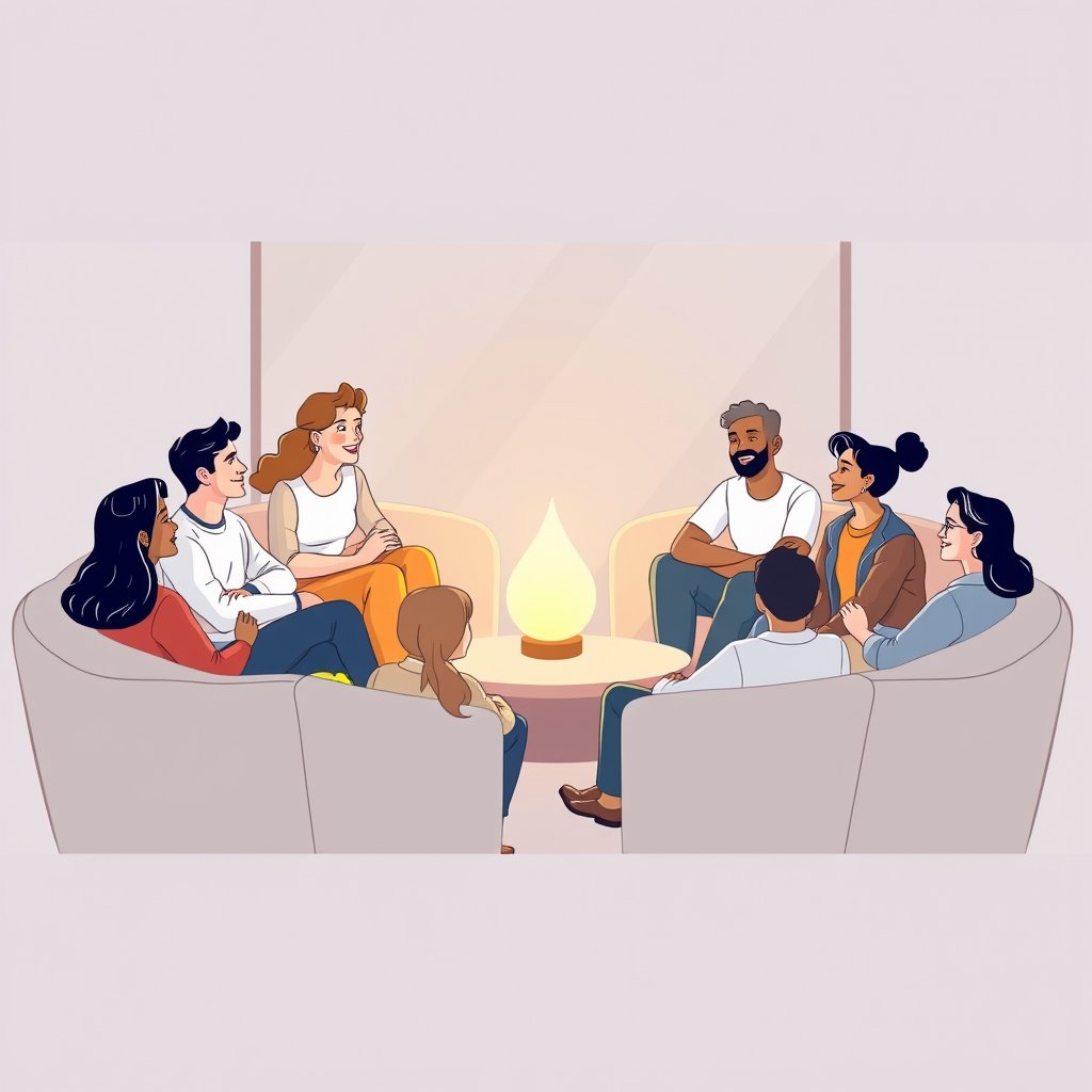 A group of diverse individuals sitting in a circle on comfortable couches, engaged in deep conversation, smiling and listening to each other. A glowing light in the center represents connection. Modern, cozy interior. Soft, natural lighting. Wide horizontal banner, 1920x384. Minimalist illustration style, warm pastel tones, friendly and inclusive atmosphere., minimalist composition, clean background, elegant