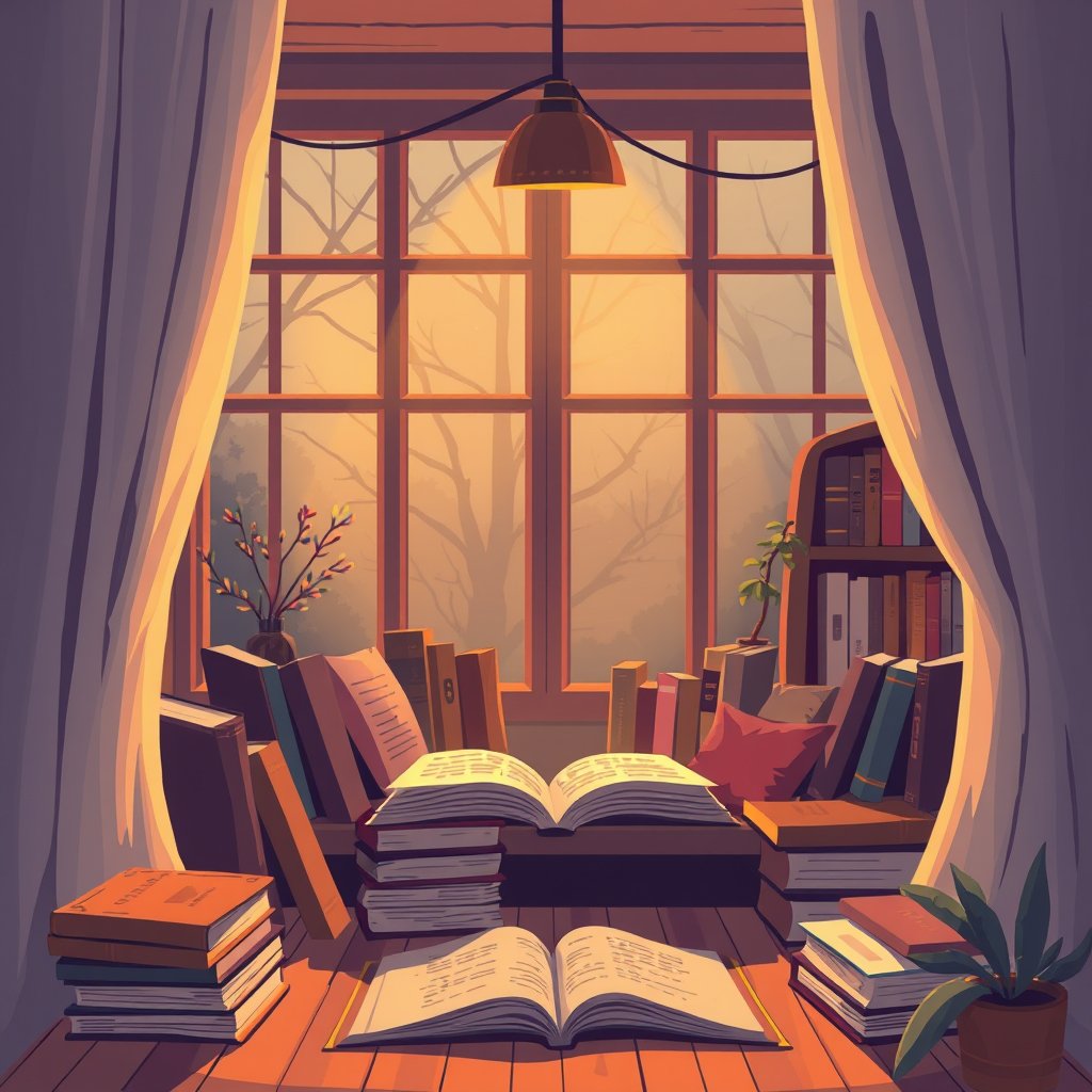 a cozy illustration of a reading nook with books, golden hour lighting, warm tones, atmospheric