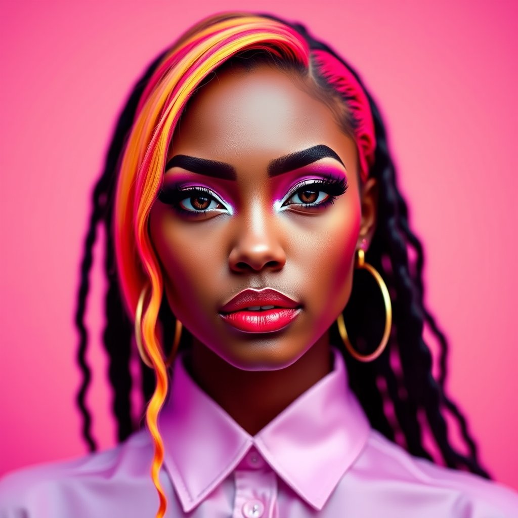 a vibrant pop art portrait with bold colors, soft natural light, shallow depth of field, bokeh