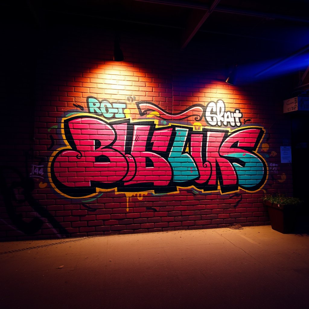 a colorful graffiti mural on a brick wall, cinematic lighting, vibrant colors, dramatic atmosphere