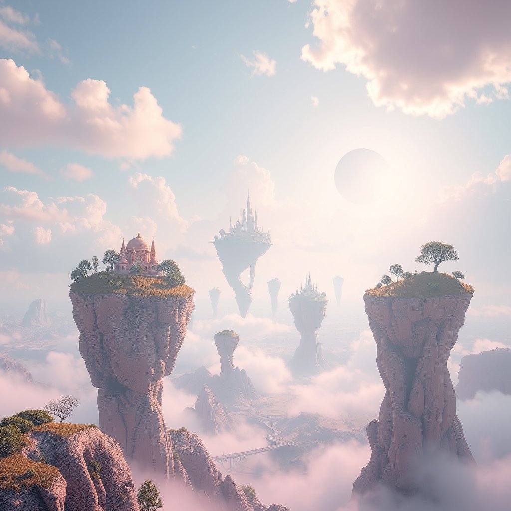 a surreal dreamlike landscape with floating islands, bright and airy, pastel tones, dreamy aesthetic