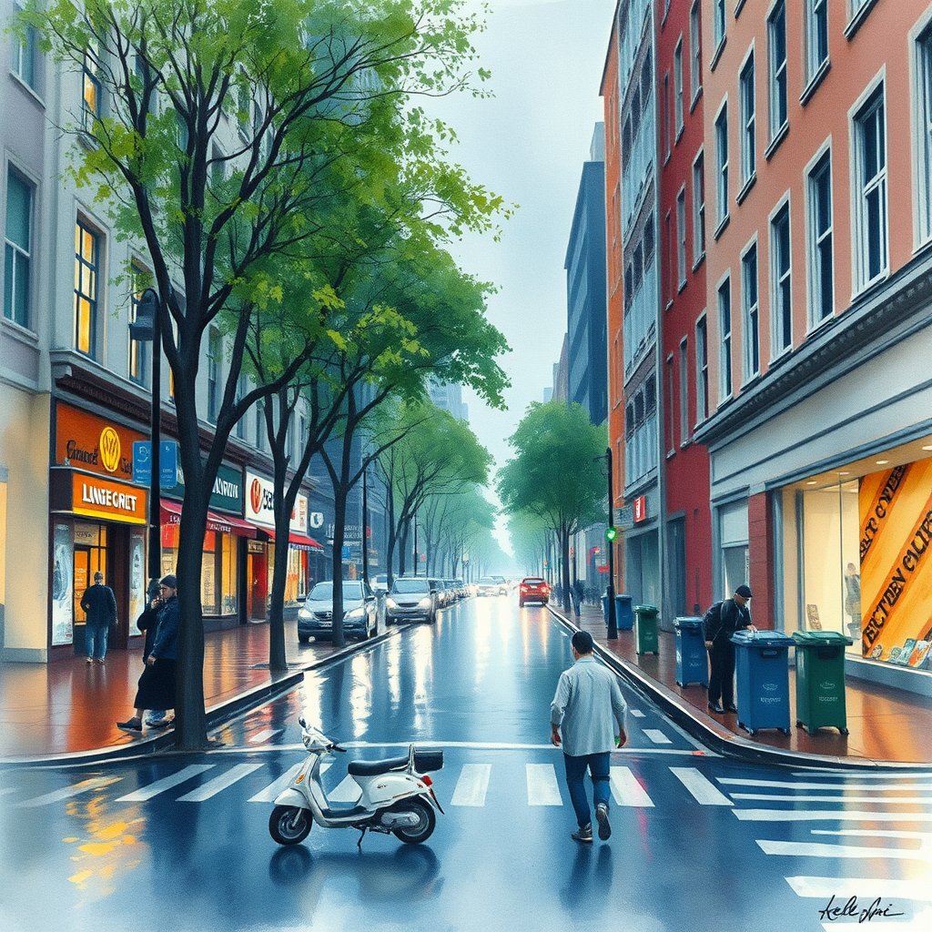 a watercolor painting of a city street in the rain, ultra realistic, crisp details, studio quality