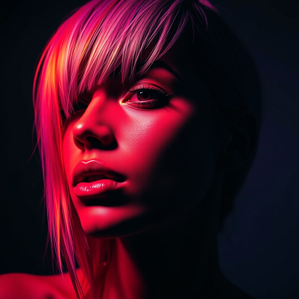a vibrant pop art portrait with bold colors, moody lighting, high contrast, fine art photography