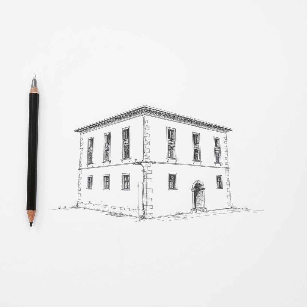 a detailed pencil sketch of an old building, minimalist composition, clean background, elegant
