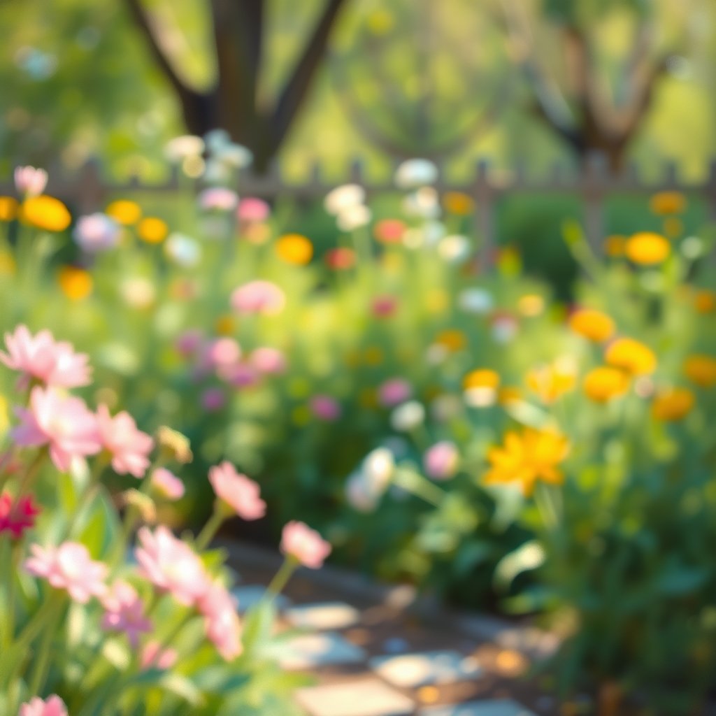 an impressionist painting of a garden in spring, soft natural light, shallow depth of field, bokeh