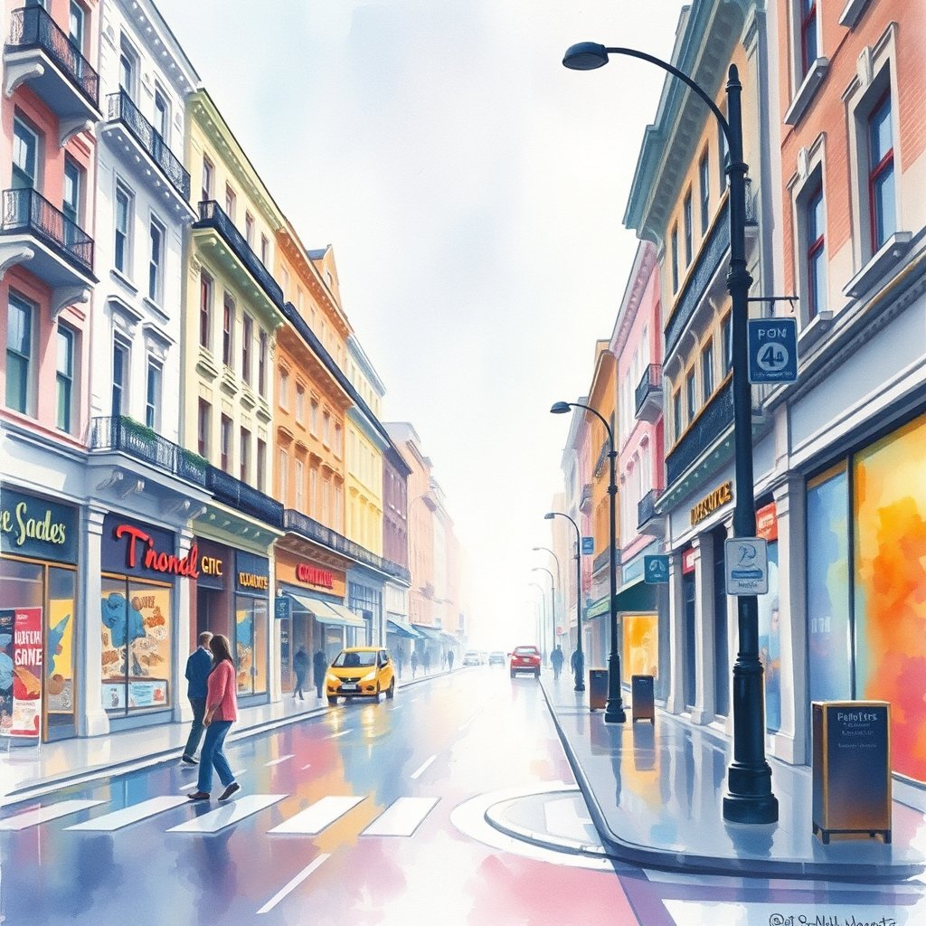 a watercolor painting of a city street in the rain, bright and airy, pastel tones, dreamy aesthetic