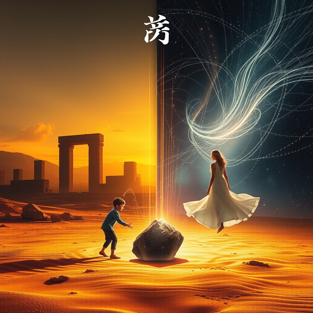 Cinematic wide illustration for a sci-fi saga "Shimmer" (Мерцание). Split composition: Left side — a golden desert at dusk, ancient stone ruins, silhouette of a boy (Kai) reaching toward a dark glowing stone on the ground, thin threads of light rising from it. Right side — a cosmic void filled with shimmering threads of light (Psi-stream), a translucent female figure in a white dress (Lira) floating among them, faint stars barely visible behind the glow. At the top center, the title "МЕРЦАНИЕ" i, highly detailed, 8k, professional photography, sharp focus
