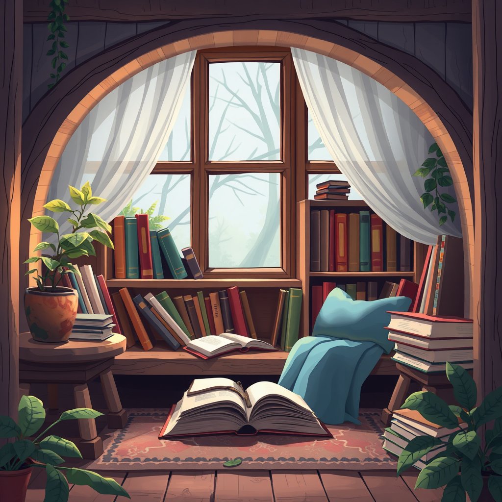 a cozy illustration of a reading nook with books, highly detailed, 8k, professional photography, sharp focus