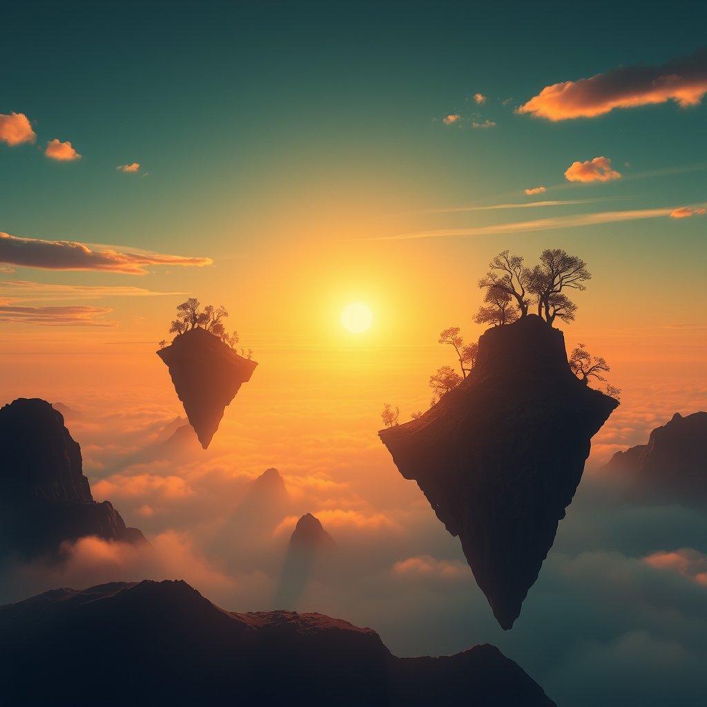 a surreal dreamlike landscape with floating islands, golden hour lighting, warm tones, atmospheric