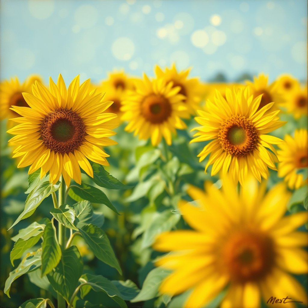 an oil painting of a sunflower field in van gogh style, soft natural light, shallow depth of field, bokeh