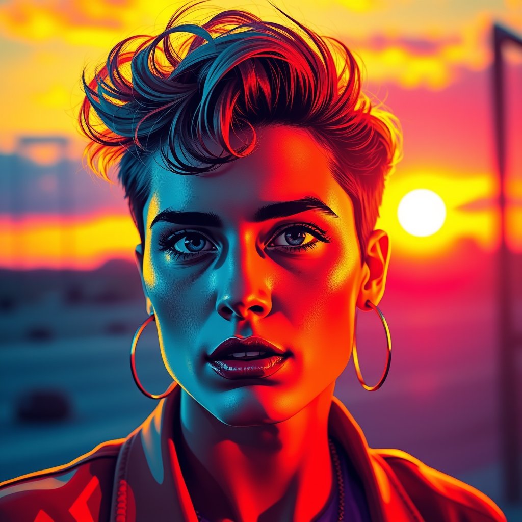 a vibrant pop art portrait with bold colors, golden hour lighting, warm tones, atmospheric