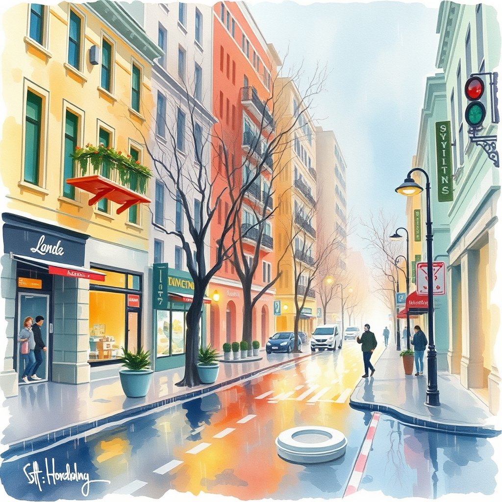 a watercolor painting of a city street in the rain, bright and airy, pastel tones, dreamy aesthetic