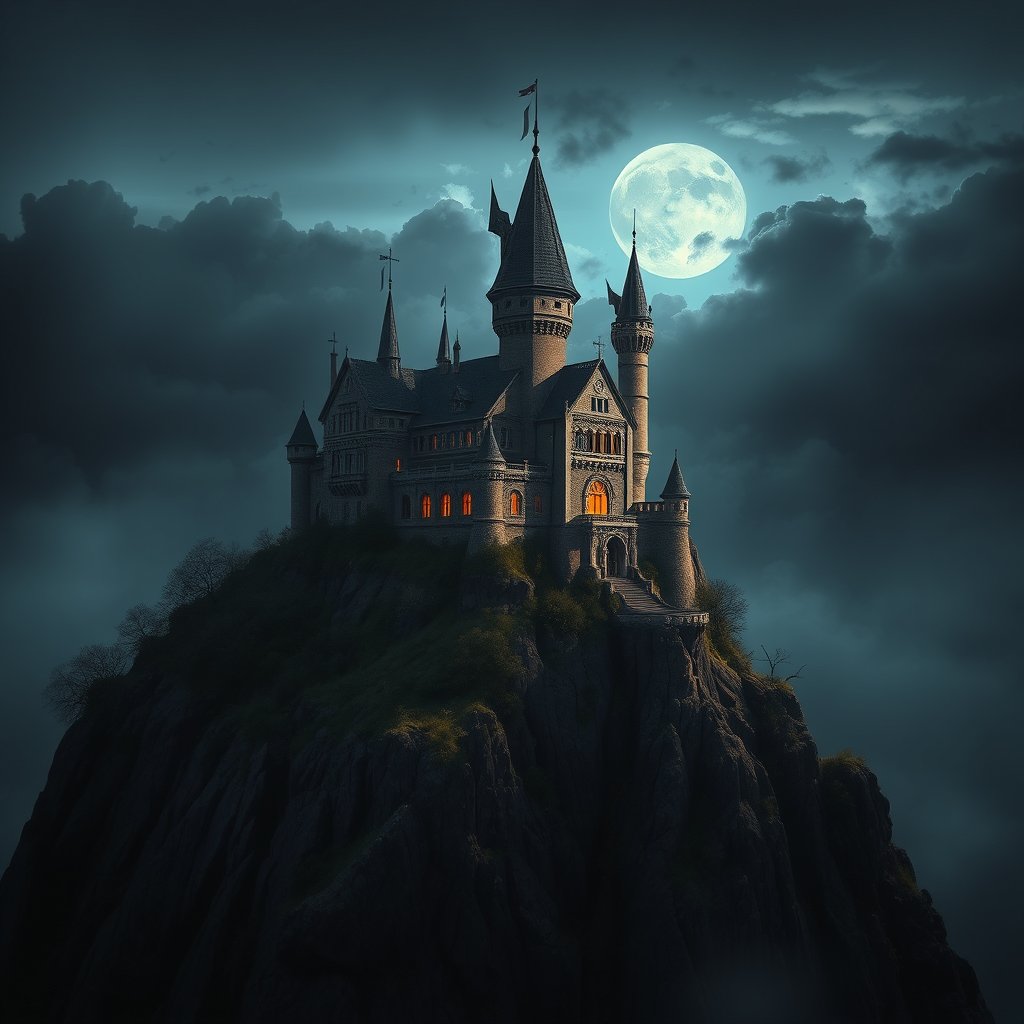 a digital illustration of a fantasy castle on a cliff, moody lighting, high contrast, fine art photography
