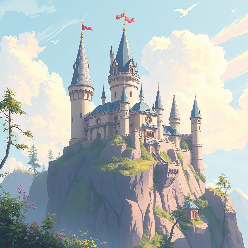 a digital illustration of a fantasy castle on a cliff, bright and airy, pastel tones, dreamy aesthetic