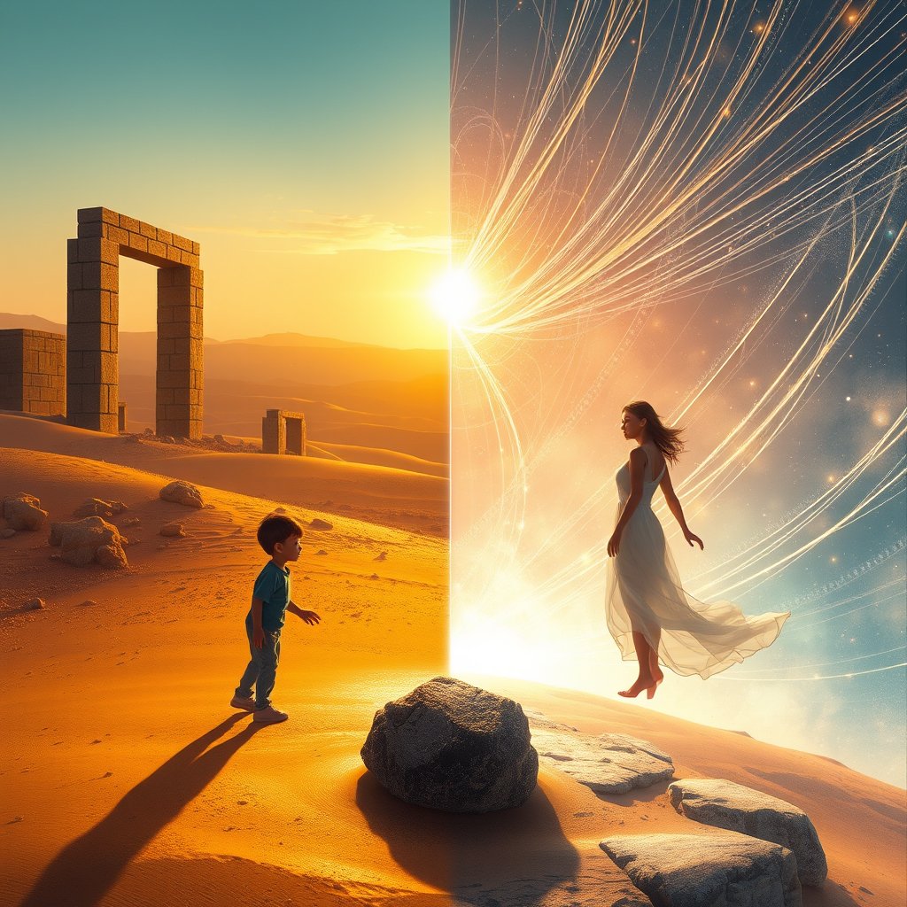Cinematic wide illustration for a sci-fi saga "Shimmer" (Мерцание). Split composition: Left side — a golden desert at dusk, ancient stone ruins, silhouette of a boy (Kai) reaching toward a dark glowing stone on the ground, thin threads of light rising from it. Right side — a cosmic void filled with shimmering threads of light (Psi-stream), a translucent female figure in a white dress (Lira) floating among them, faint stars barely visible behind the glow. At the top center, the title "МЕРЦАНИЕ" i, bright and airy, pastel tones, dreamy aesthetic