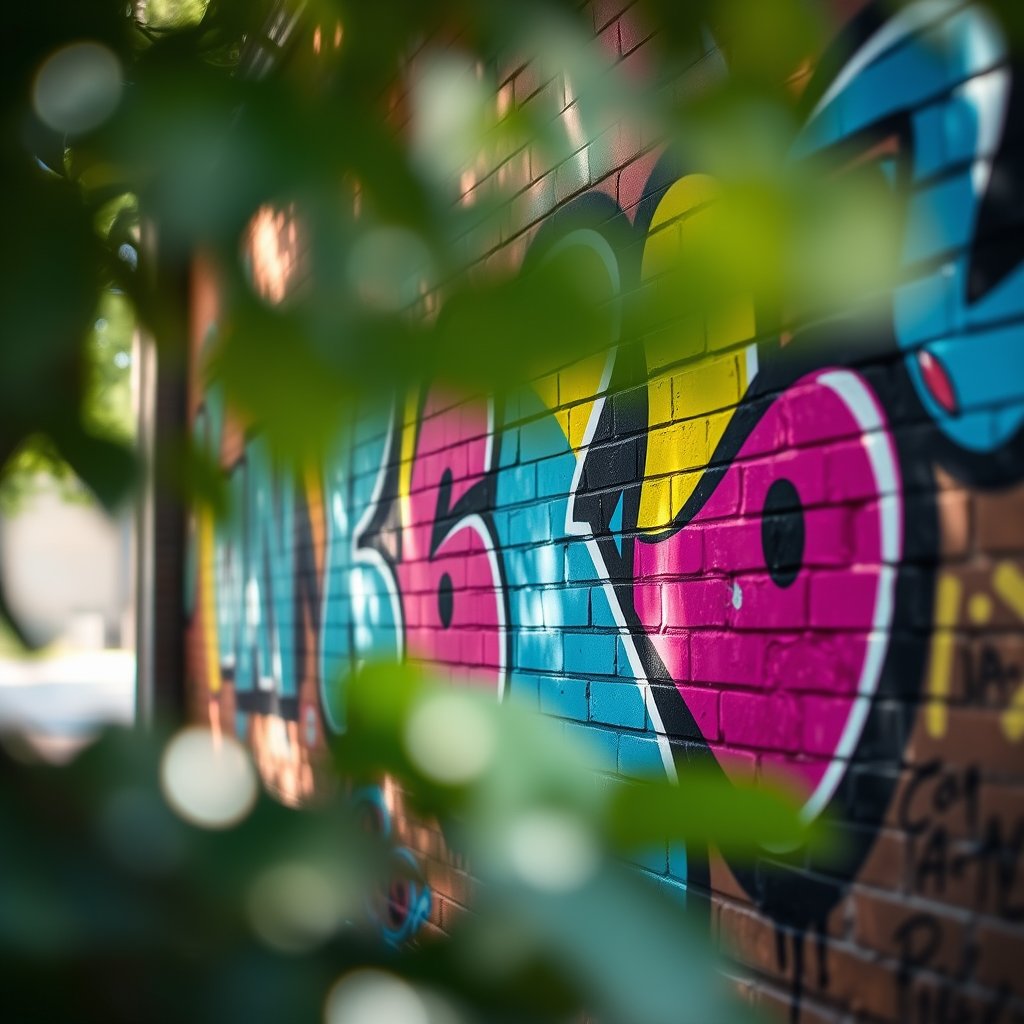 a colorful graffiti mural on a brick wall, soft natural light, shallow depth of field, bokeh
