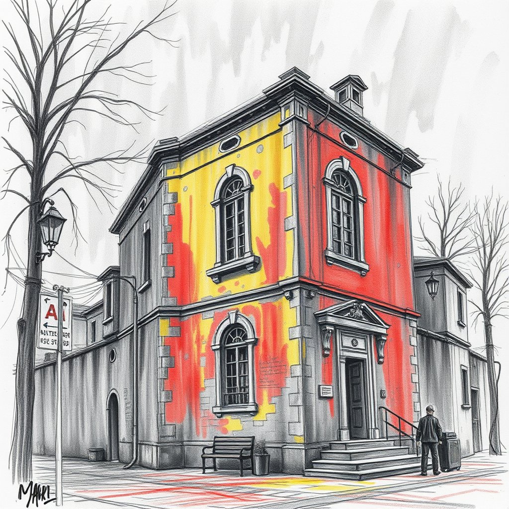 a detailed pencil sketch of an old building, cinematic lighting, vibrant colors, dramatic atmosphere