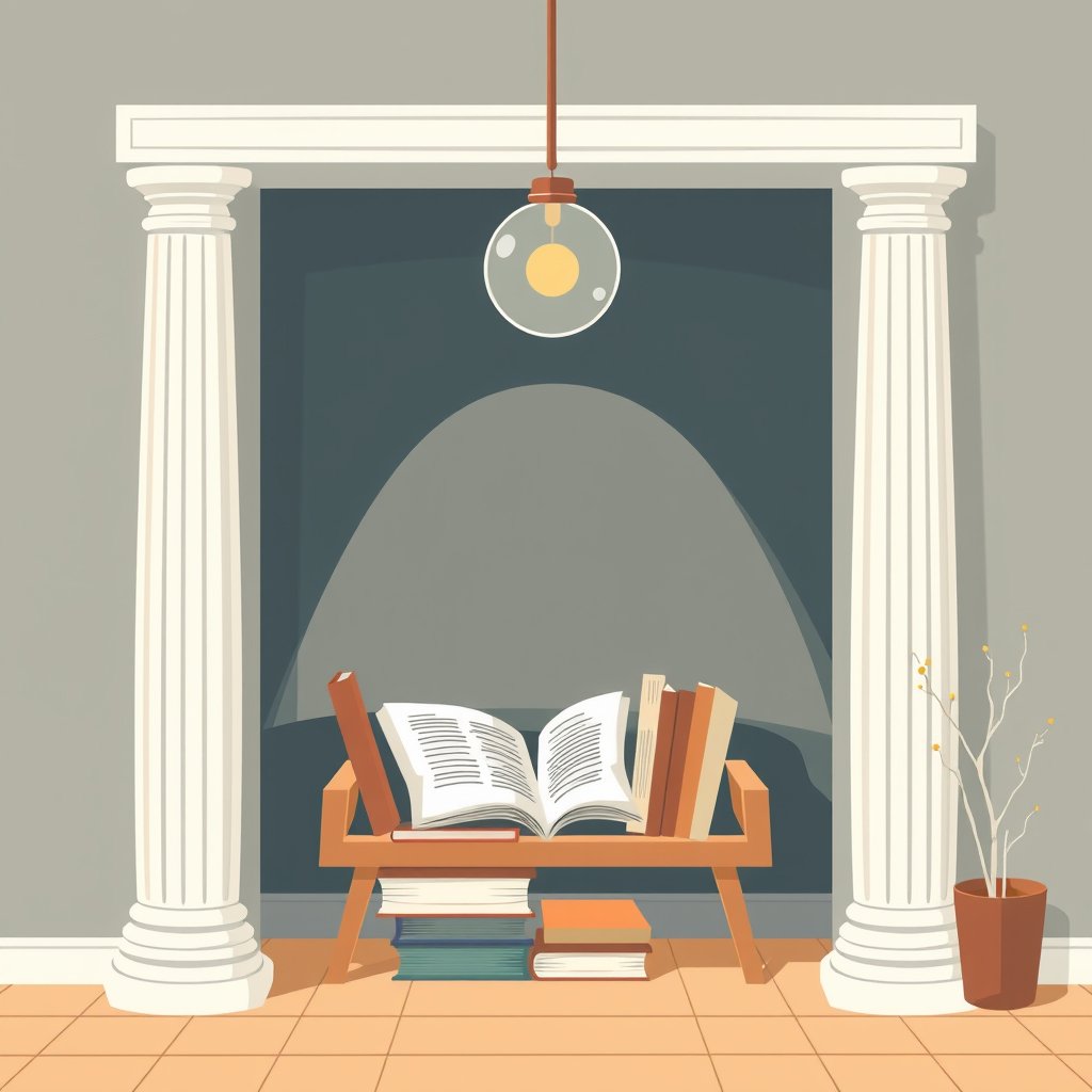 a cozy illustration of a reading nook with books, minimalist composition, clean background, elegant