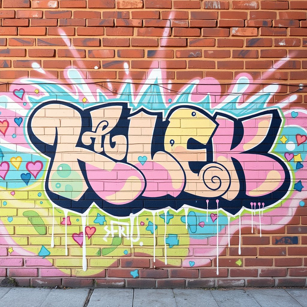 a colorful graffiti mural on a brick wall, bright and airy, pastel tones, dreamy aesthetic