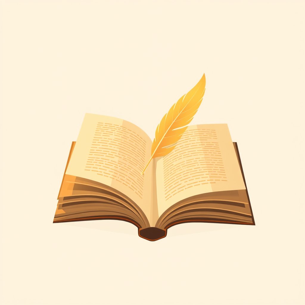 An open book with a feather quill resting on its pages, glowing softly. Warm golden tones and deep brown accents. Minimalist, flat vector style. Square icon, 256x256. Simple, elegant, inviting., bright and airy, pastel tones, dreamy aesthetic