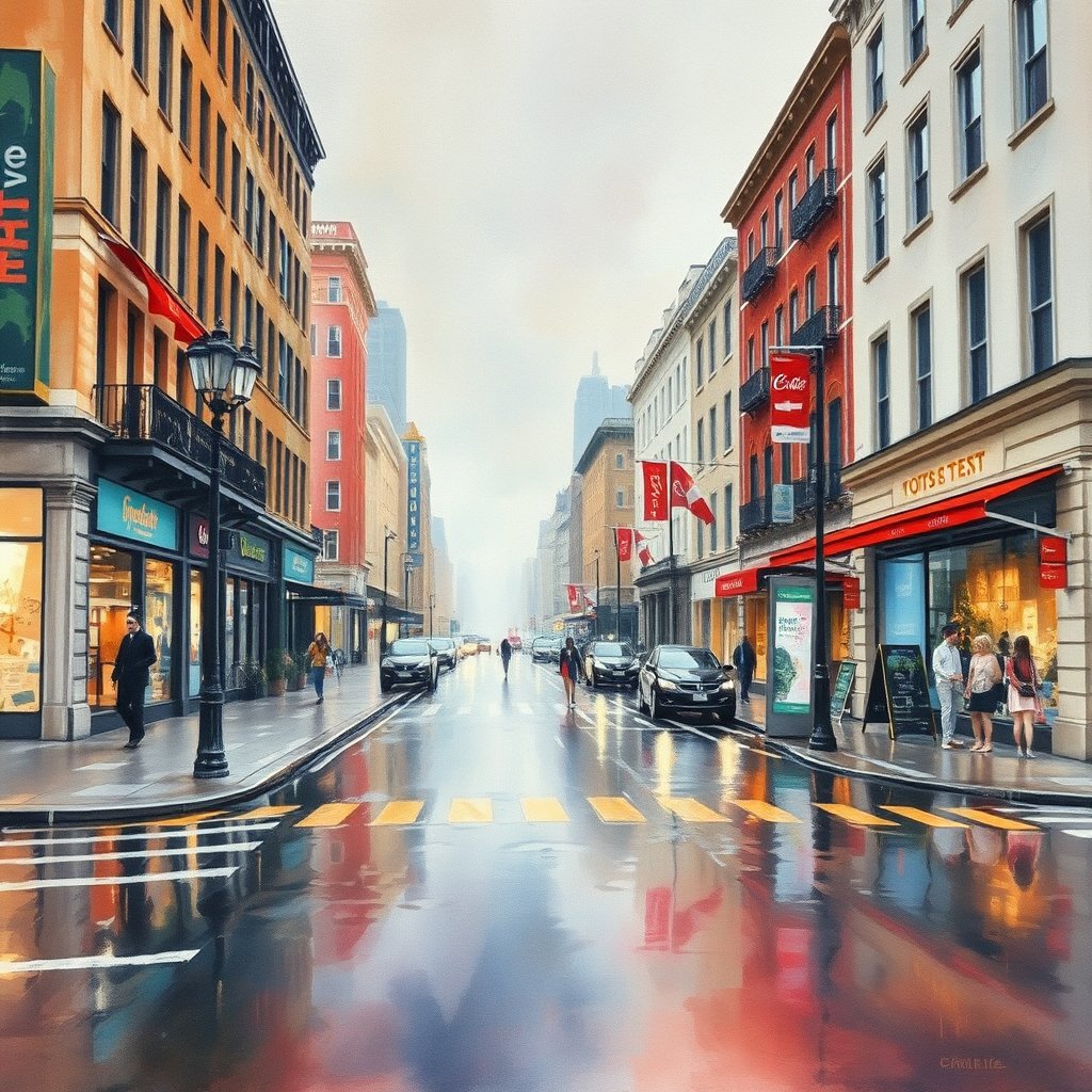 a watercolor painting of a city street in the rain, ultra realistic, crisp details, studio quality