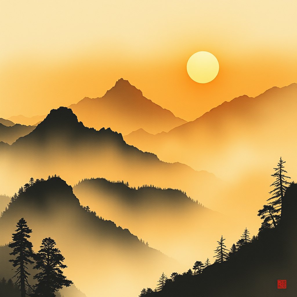 a japanese ink wash painting of mountains and mist, golden hour lighting, warm tones, atmospheric
