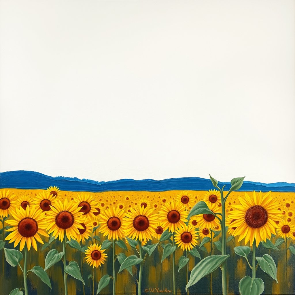 an oil painting of a sunflower field in van gogh style, minimalist composition, clean background, elegant