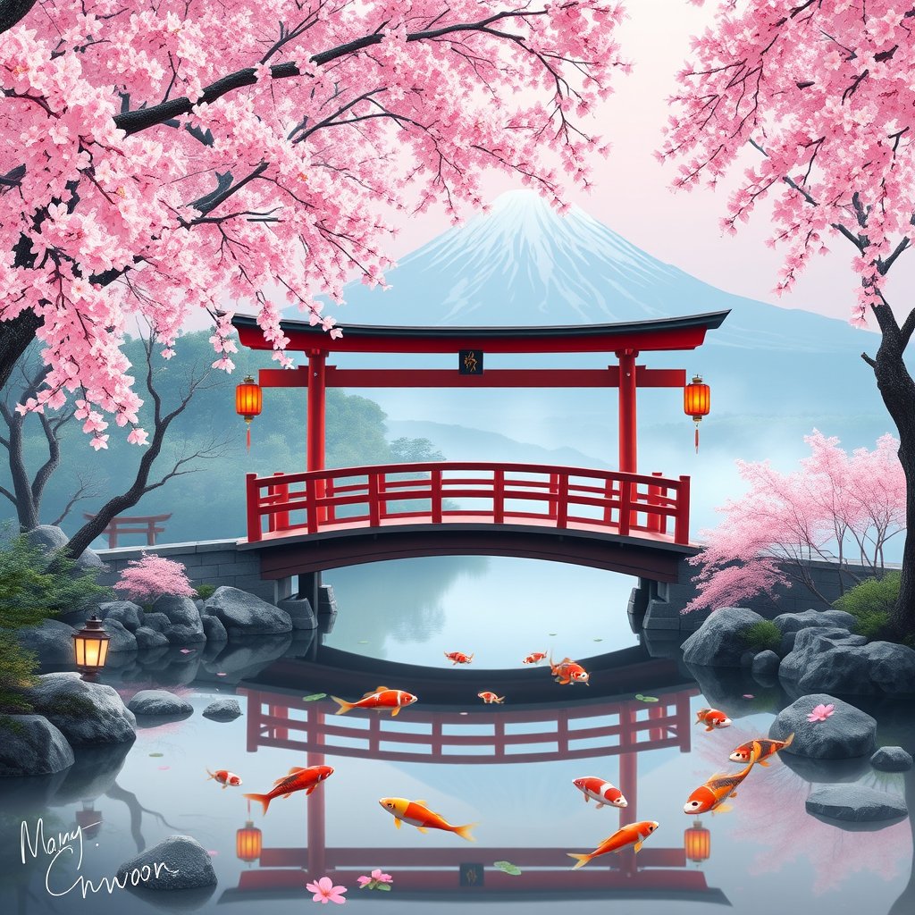 A peaceful Japanese garden during cherry blossom season, traditional wooden bridge over a koi pond, red torii gate, falling cherry blossoms, glowing lanterns, Mount Fuji in the distance, soft morning mist, peaceful atmosphere, highly detailed digital painting., minimalist composition, clean background, elegant