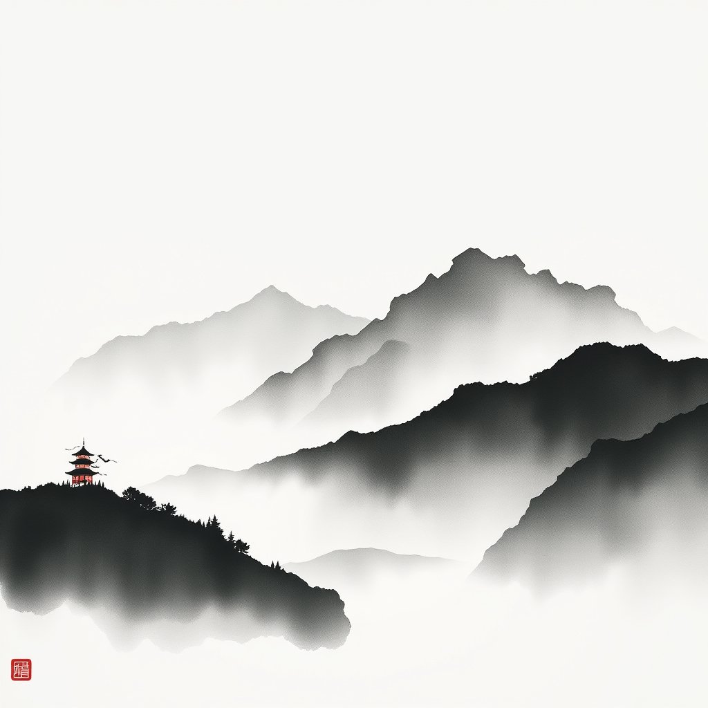 a japanese ink wash painting of mountains and mist, minimalist composition, clean background, elegant