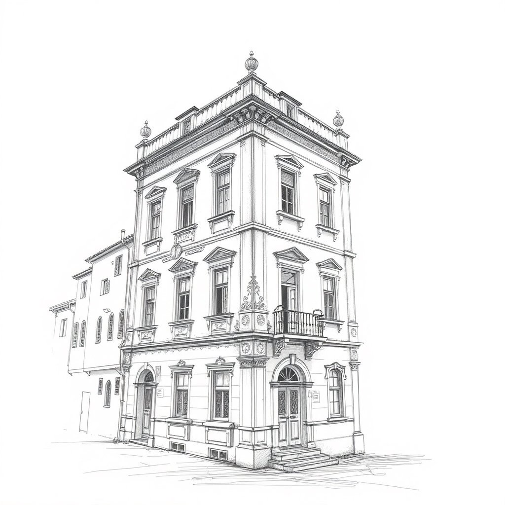a detailed pencil sketch of an old building, bright and airy, pastel tones, dreamy aesthetic