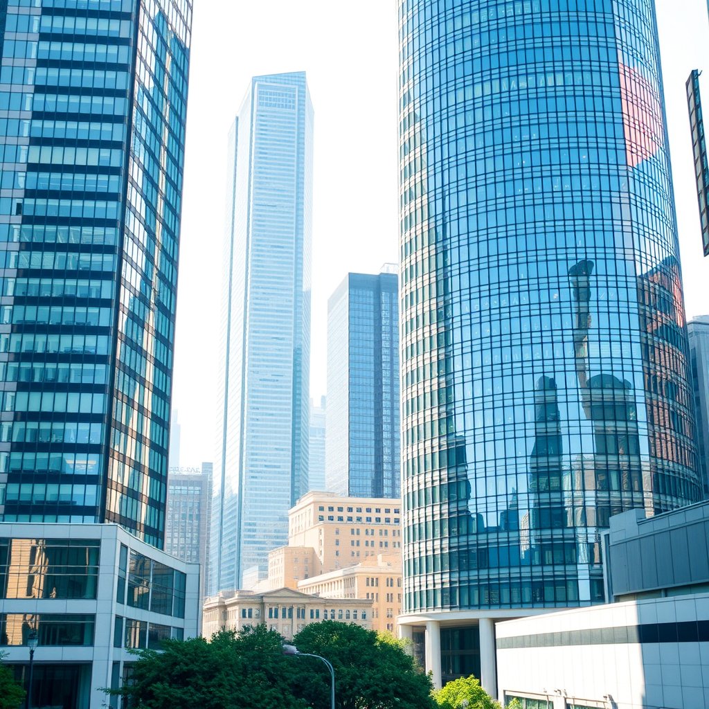 a city financial district with glass office towers, bright and airy, pastel tones, dreamy aesthetic