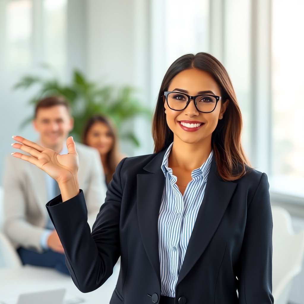 a confident businesswoman presenting to colleagues, bright and airy, pastel tones, dreamy aesthetic