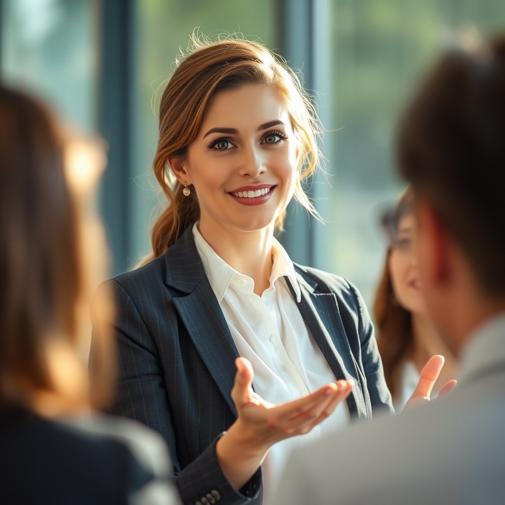 a confident businesswoman presenting to colleagues, soft natural light, shallow depth of field, bokeh