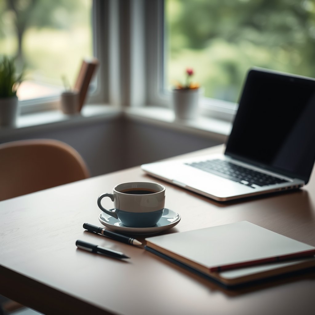 a minimalist desk with a laptop, coffee and notebook, soft natural light, shallow depth of field, bokeh