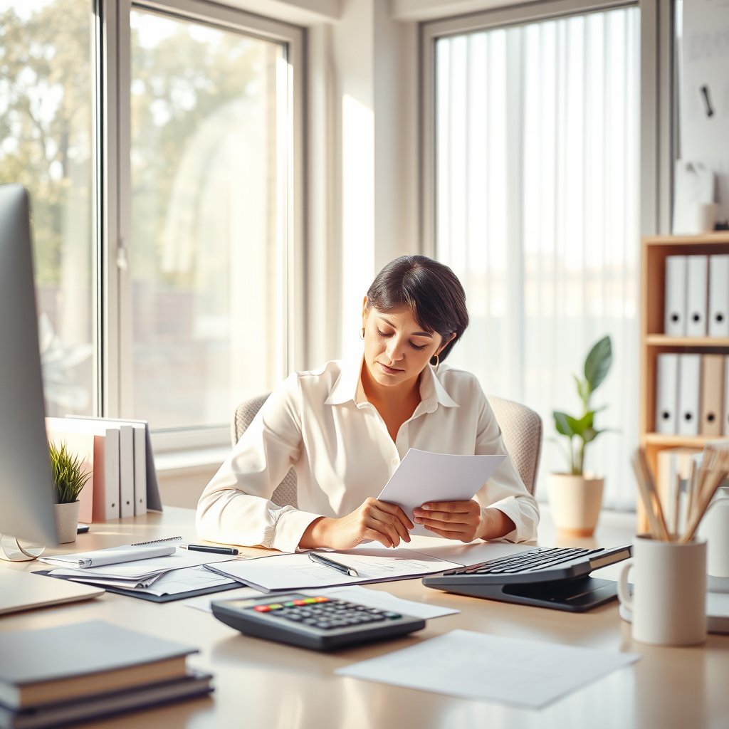 accountant working at desk with financial documents and calculator, professional office, natural light, bright and airy, pastel tones, dreamy aesthetic
